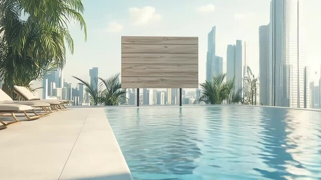 Modern city skyline with luxurious pool and wooden board, showcasing relaxation and urban lifestyle