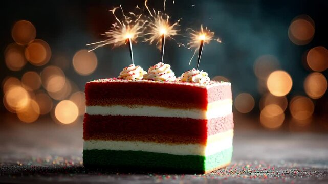 Three-layer Mexican flag cake with chili candles &ndash; Sweet, Patriotic &ndash; Surrounded by sparklers &ndash; Fiesta table