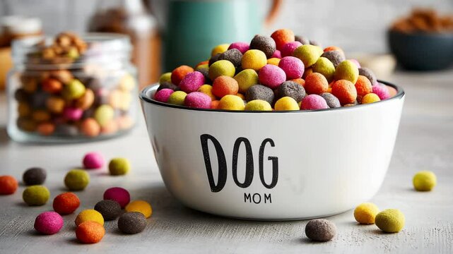 Food bowl with &ldquo;#1 Dog Mom&rdquo; engraved &ndash; Proud, Joyful &ndash; Filled with colorful dog treats &ndash; Cozy kitchen corner