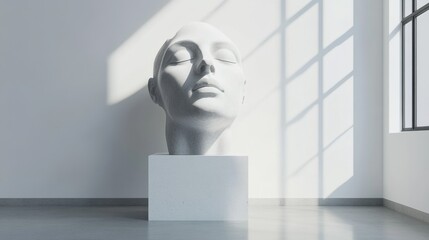 Digital sculptures displayed on a sleek pedestal with a white concrete face art piece in a contemporary gallery setting