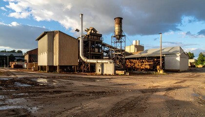 Fototapeta premium Industrial Wood Processing Plant with Machinery and Logs at Sunset