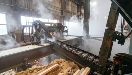 Industrial Wood Processing Machine with Steam and Chains in Factory