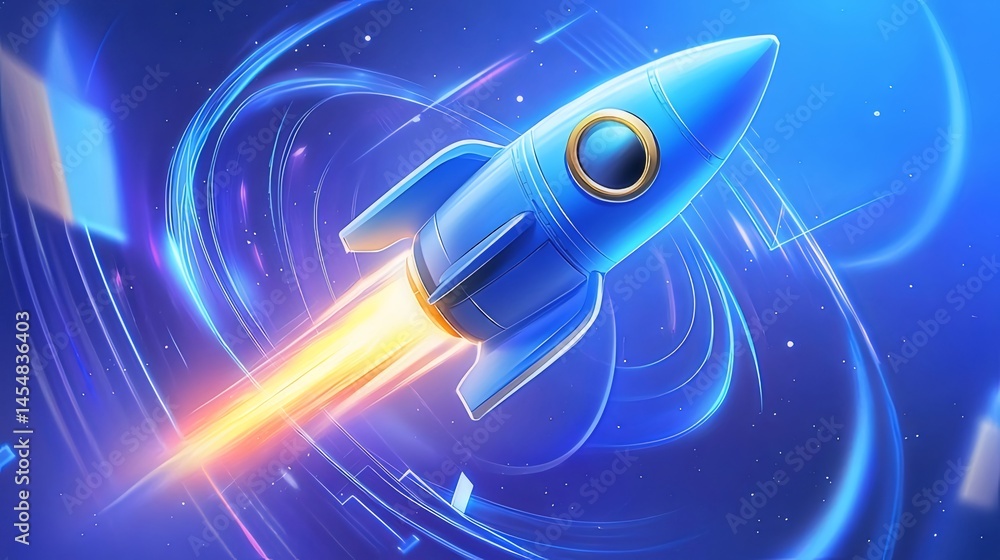 Aufkleber 青いロケットが輝く炎を上げて宇宙空間を飛行する未来的なイラスト