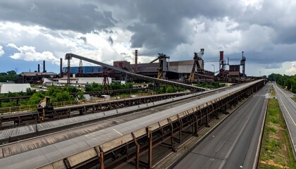 Fototapeta premium Industrial Landscape with Steel Mills and Conveyors Under Cloudy Sky
