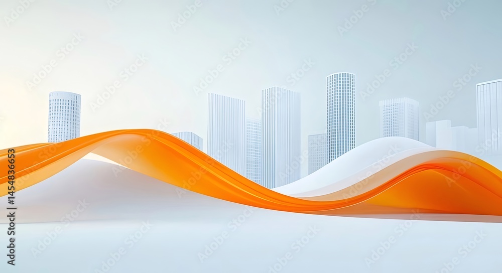 Aufkleber 抽象的な都市景観のオレンジ色の波と高層ビルデザインの背景