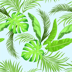 Summer tropic pattern with green palm leaves. Jungle vector background.	