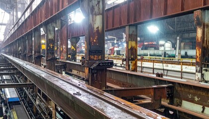 Industrial Warehouse Interior with Rusty Beams and Equipment