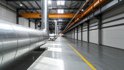Obraz premium Modern Industrial Corridor with Large Metallic Pipes and Bright Lighting