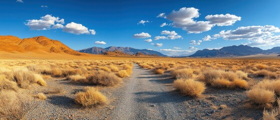 Desert path cuts through tumbleweeds towards distant mountains beneath expansive sky, presenting dry arid landscape.