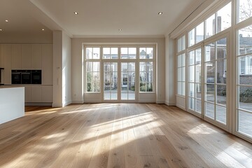 Obraz premium Spacious, sun-drenched interior with hardwood floors and large windows.