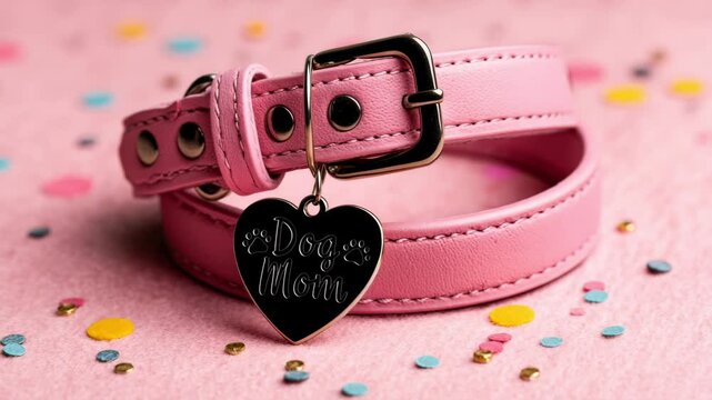 Pink dog collar with a heart tag engraved &ldquo;Dog Mom&rdquo; &ndash; Sentimental, Loving &ndash; Surrounded by paw print confetti &ndash; Soft blanket background