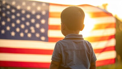 Children holding American flag at sunset – Generative AI Image