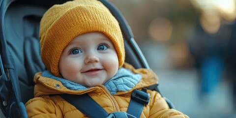 Joyful baby in a bright yellow hat enjoys a sunny day at the park with parents during autumn