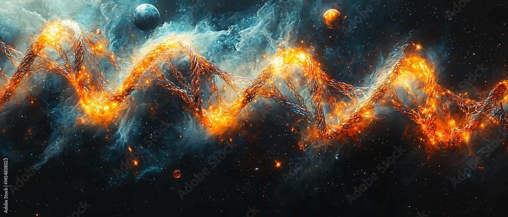 Wall mural surreal visualization of dna strands merging into a galaxy with glowing genetic helixes spiraling an