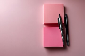 Two pens, silver and black, are positioned on top of two pink sticky notes against a pink background, creating a minimalist and clean aesthetic.