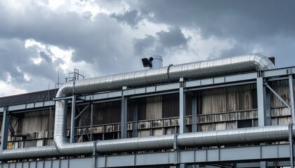 Industrial Building with Metal Pipes Against Dramatic Sky Background