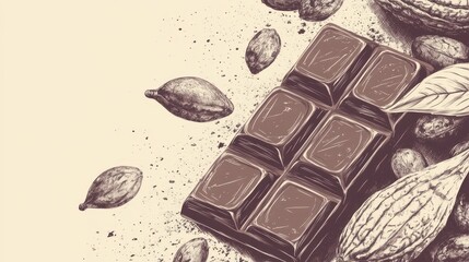 Chocolate shop vintage poster and banner design with sketched chocolate bar and cocoa beans illustration vector illustration , no logos, no brands