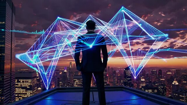 A man in a suit stands on a rooftop at sunset, overlooking a cityscape with digital graphics overlay. Shot from behind, cinematic video style.