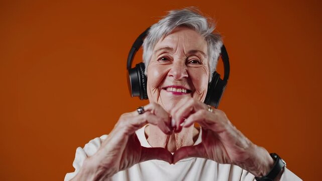 Smiling senior woman with headphones making heart gesture with hands in front of orange background