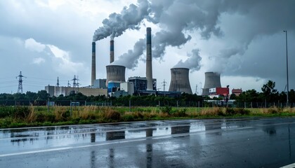 Obraz premium Industrial Power Plant with Smoke Emission Under Cloudy Sky