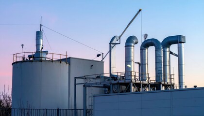 Obraz premium Industrial Facility with Storage Tank and Pipe System at Sunset