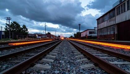 Obraz premium Dramatic Sunset Over Railway Tracks with Clouds and Industrial Background