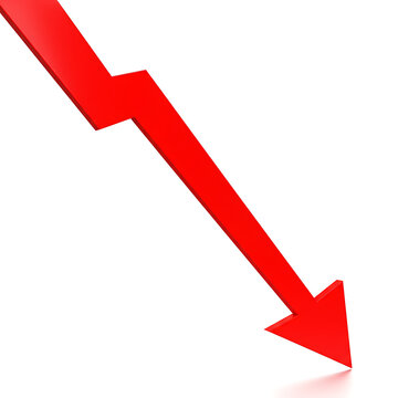 Red arrow pointing downwards indicating a decline isolated on white background