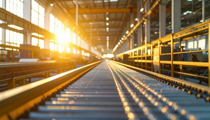 Fototapeta premium Sunrise Over Conveyor Belt in Modern Industrial Factory Space