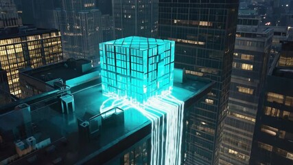 quiet city rooftop night, futuristic metallic cube opens, releasing geometric waves glowing data, ripple into the skyline, turning buildings into pulsating light structures like a living circuit - Powered by Adobe