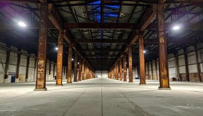 Obraz premium Vast Abandoned Warehouse Interior with Exposed Metal Beams and Lights