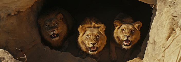 Biblical,  the bottom of the pit is some stones and sand, and there are 3 hungry lions roaring in a low voice, slowly wandering in the pit, Daniel's story