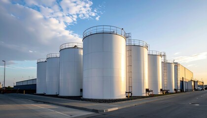 Fototapeta premium White Storage Tanks under Clear Sky at Industrial Facility