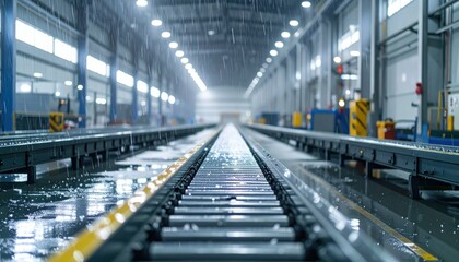 Fototapeta premium Industrial Warehouse with Rain and Reflections on the Floor