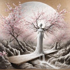 Ethereal Figure Surrounded by Cherry Blossoms Under Full Moon