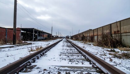 Fototapeta premium Winter Scene of Abandoned Railway Tracks Surrounded by Ruins