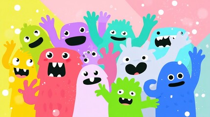 Naklejka premium Whimsical Gathering: A Cheerful Crowd of Colorful Cartoon Monsters Illustration