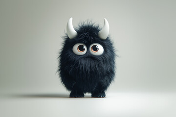 Fototapeta premium fairy-tale animal monster created by children's imagination that looks like a fluffy black puppy or bear cub with big eyes and white bent horns