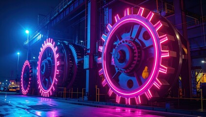 Fototapeta premium Futuristic Industrial Gears with Neon Lights at Nighttime Scene