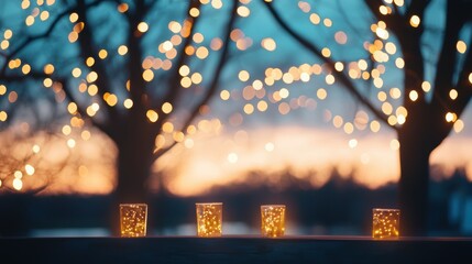 Summer twilight at an outdoor cafe, where friends are enjoying drinks under twinkling fairy lights.