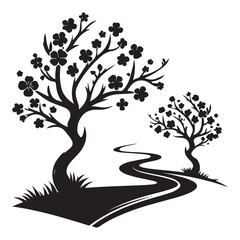 Silhouette Cherry Blossom Tree Vector Illustration with Winding Path