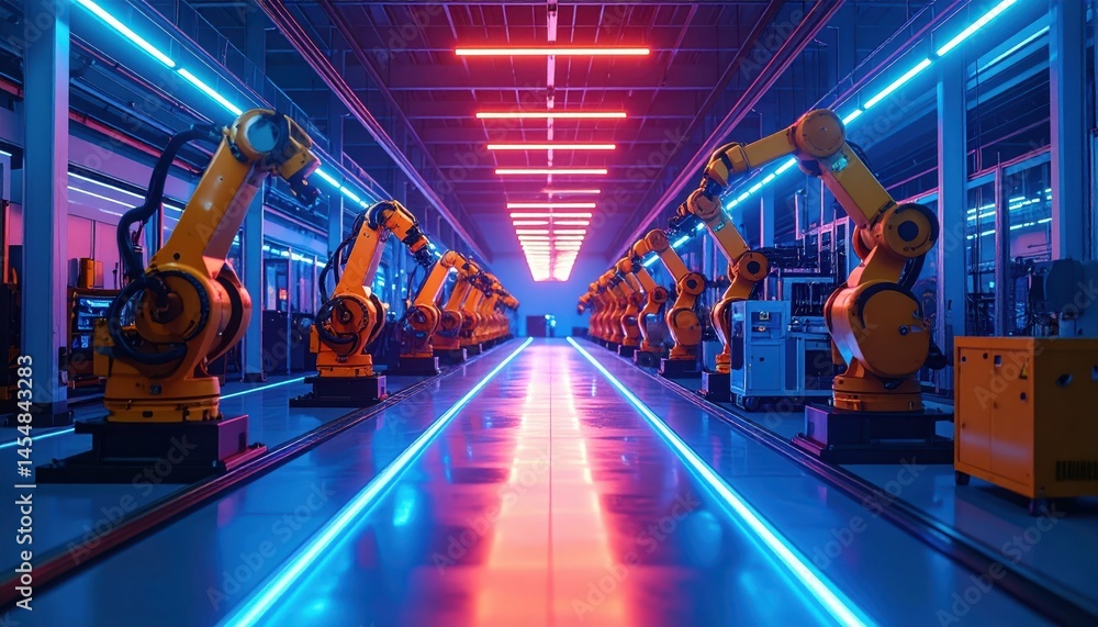 Poster advanced industrial robots in a high-tech automated factory setting