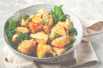 fried cauliflower salad, with spices and herbs, homemade, no people,