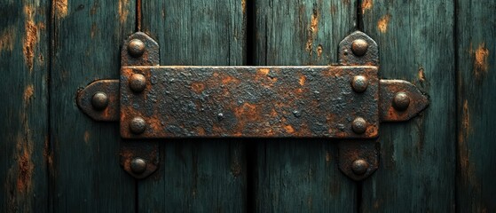 Old wooden door features rusty iron hinge, suggesting history, age, deterioration.