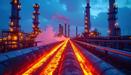 Industrial Landscape with Smokestacks and Flowing Lava at Dusk