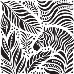 Exotic Zebra Head Silhouette Illustration amidst Tropical Leaves Vector
