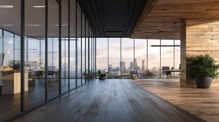 Fototapeta premium Modern Open Plan Office with Glass Walls and Wooden Features