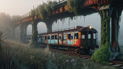 Fototapeta premium A rusty, colorful train car sits under an overgrown bridge, a scene of quiet decay and the reclaiming power of nature. The soft light and muted colors create a melancholic mood.