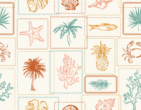 Checkered Seamless Summer Beach Vibes Pattern Vector