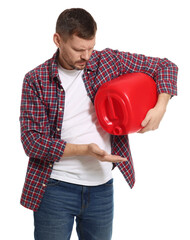 Man holding plastic canister on white background