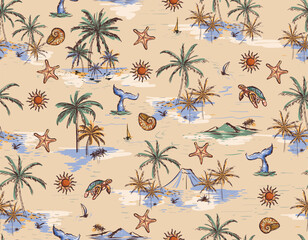 Vintage Beautiful seamless island pattern  Landscape with palm trees,beach , Sun and ocean vector hand drawn style